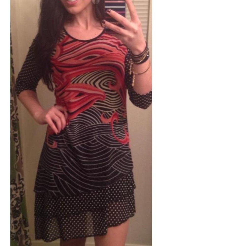 Calessa Womens Dress Midi red pink patterned size M Funky Y2k Whimsigoth Punky